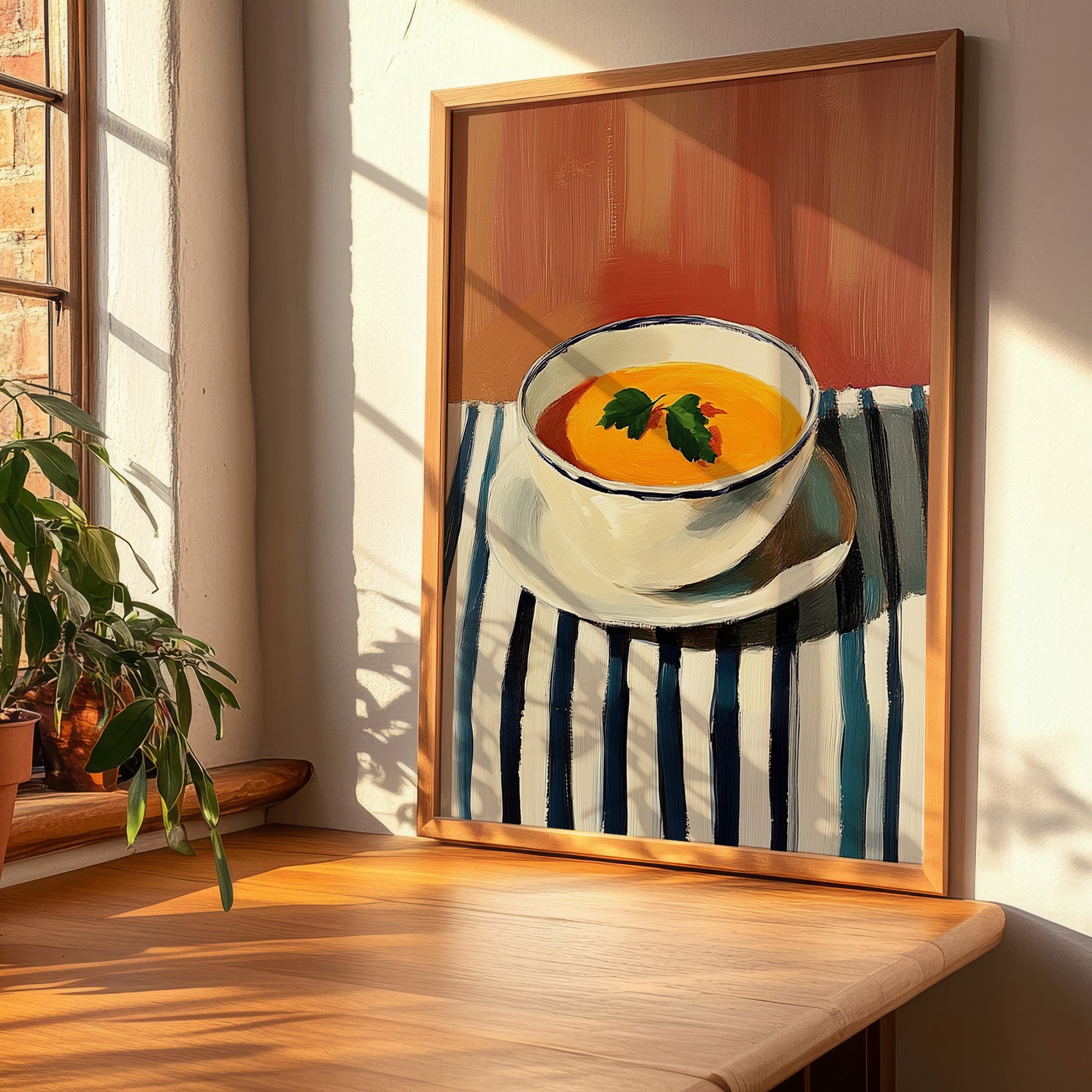 Salmorejo – on Striped Tablecloth, Spanish Food Print, clean layout with no caption