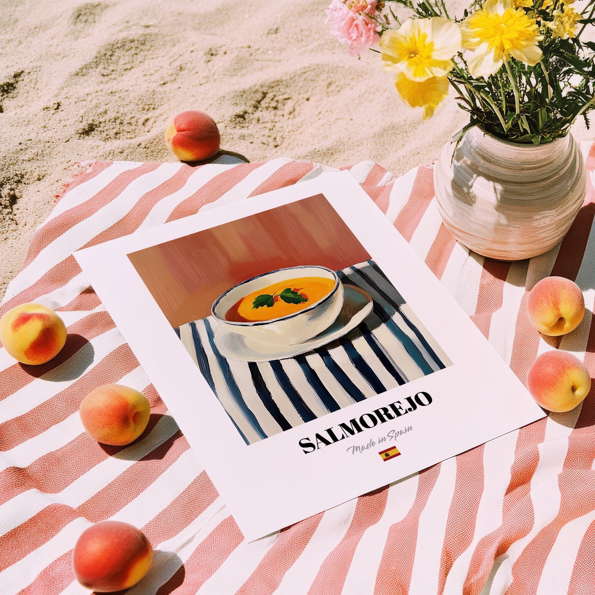 Salmorejo – on Striped Tablecloth, Spanish Food Print, unframed on coastal sand