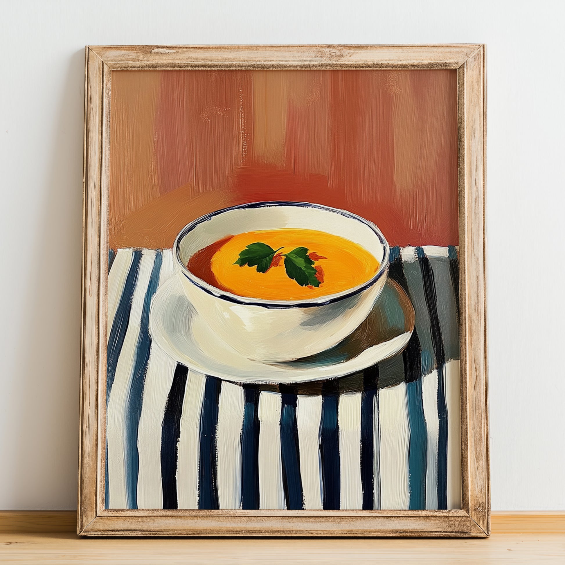 Salmorejo – on Striped Tablecloth, Spanish Food Print, no-text version framed in wood