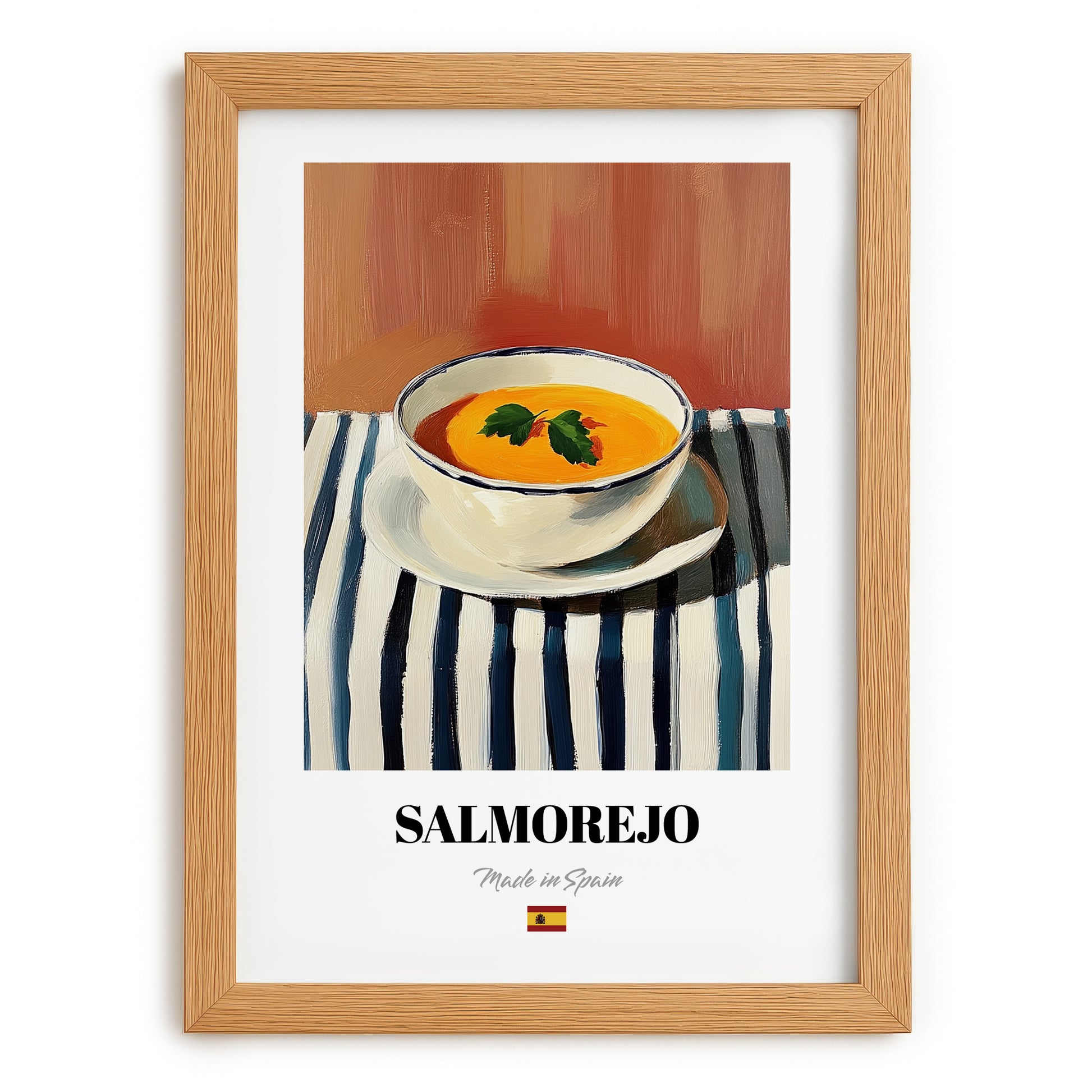 Salmorejo – on Striped Tablecloth, Spanish Food Print, set in oak frame