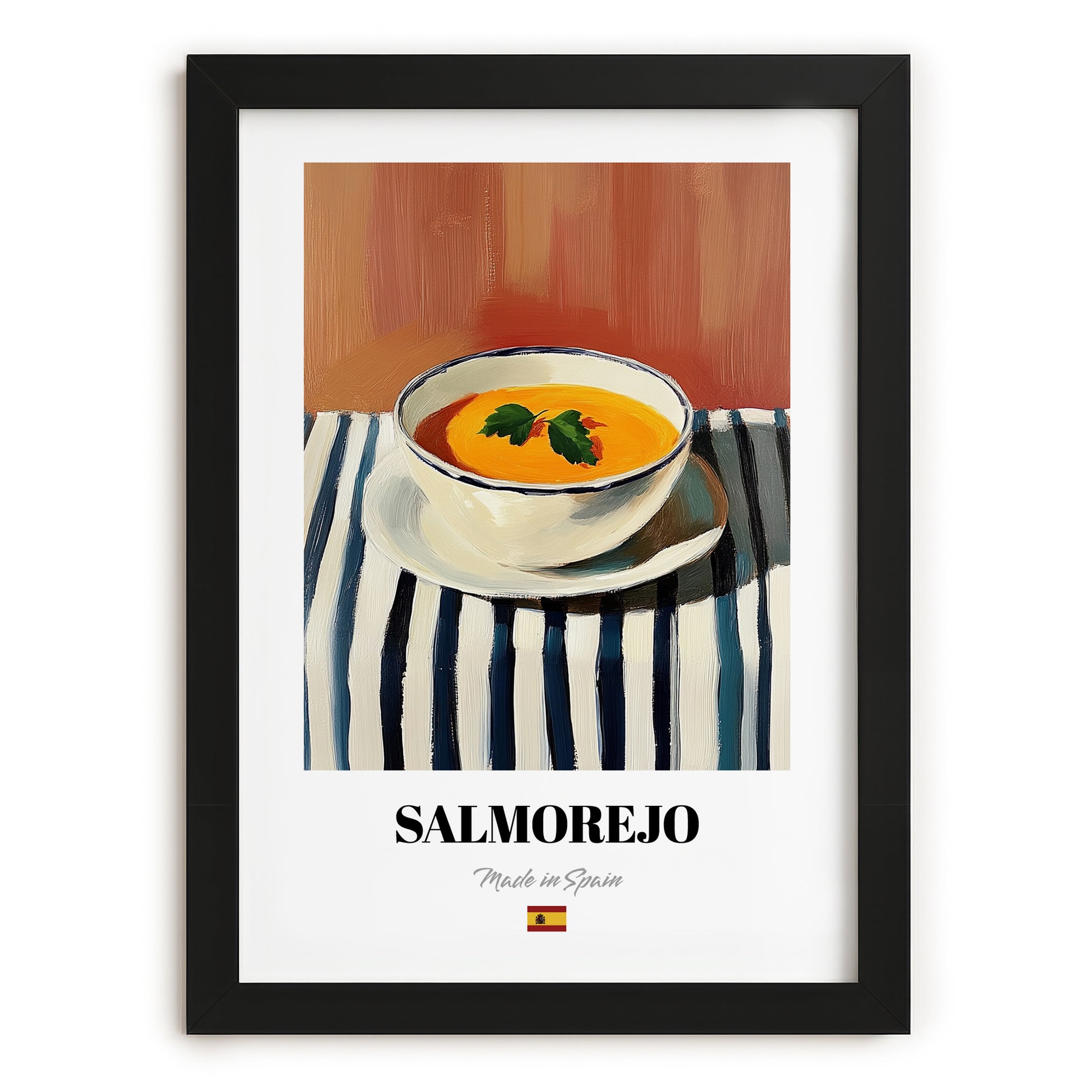 Salmorejo – on Striped Tablecloth, Spanish Food Print, in sleek black frame