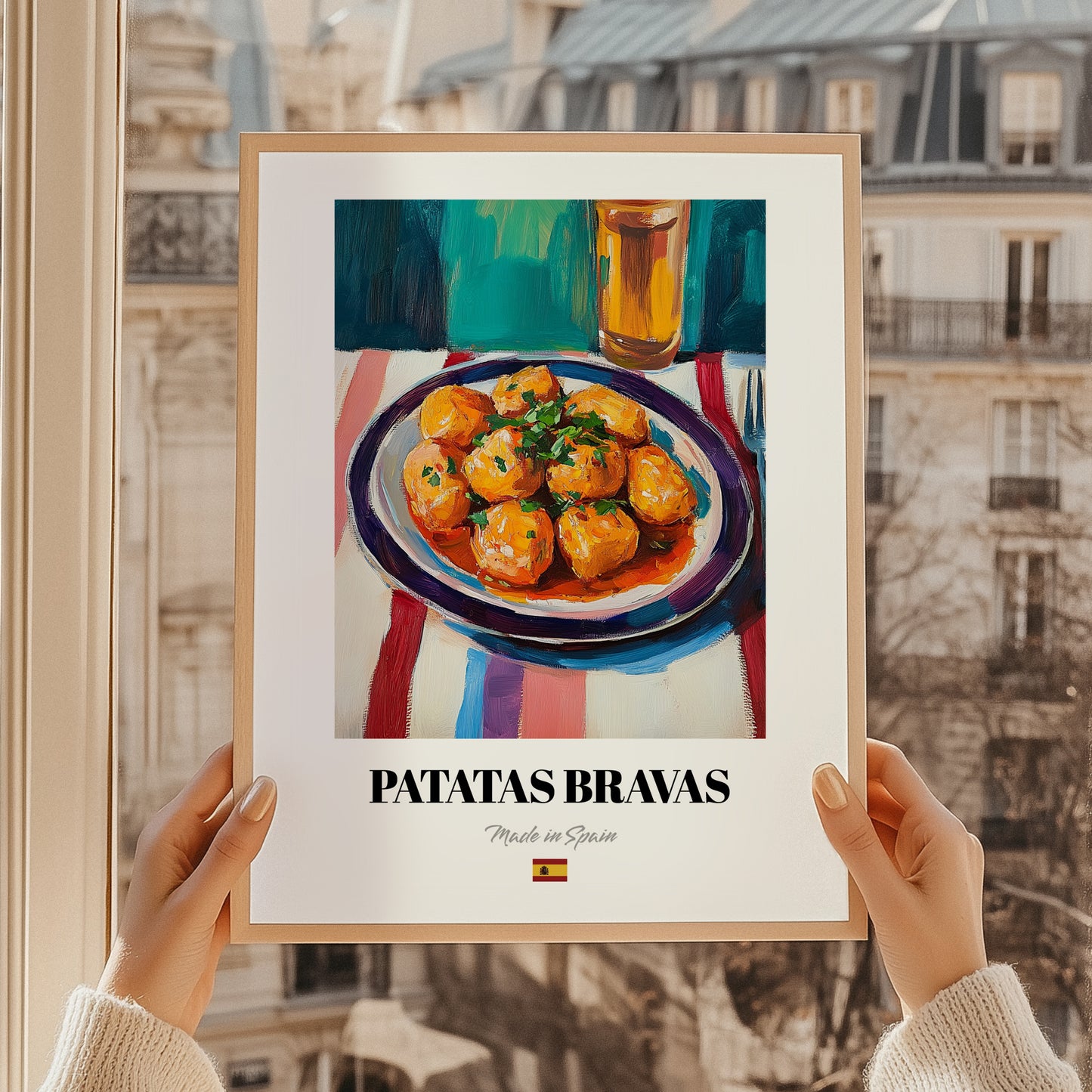 Patatas Bravas – Colorful Oil Painting, Spanish Food Print, styled in a charming Paris street view