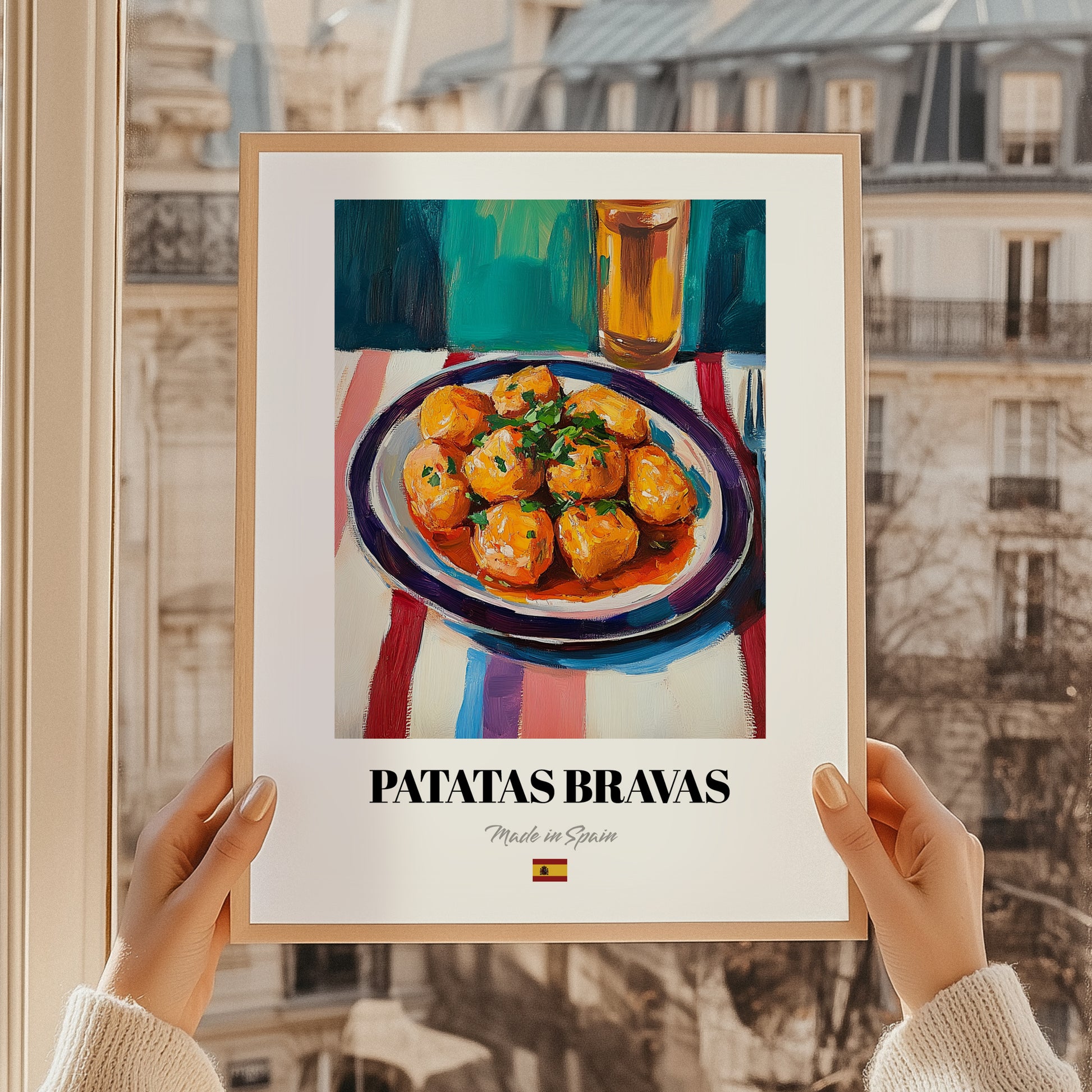 Patatas Bravas – Colorful Oil Painting, Spanish Food Print, styled in a charming Paris street view