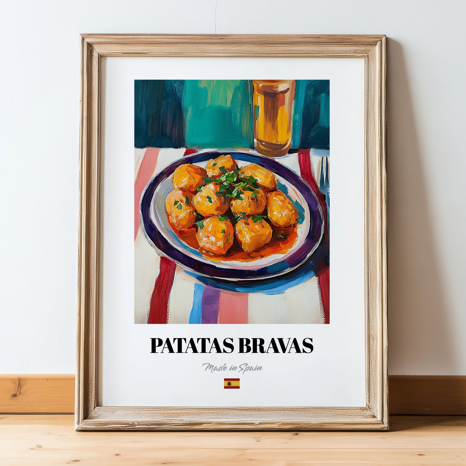 Patatas Bravas – Colorful Oil Painting, Spanish Food Print, in wooden frame leaning on the floor