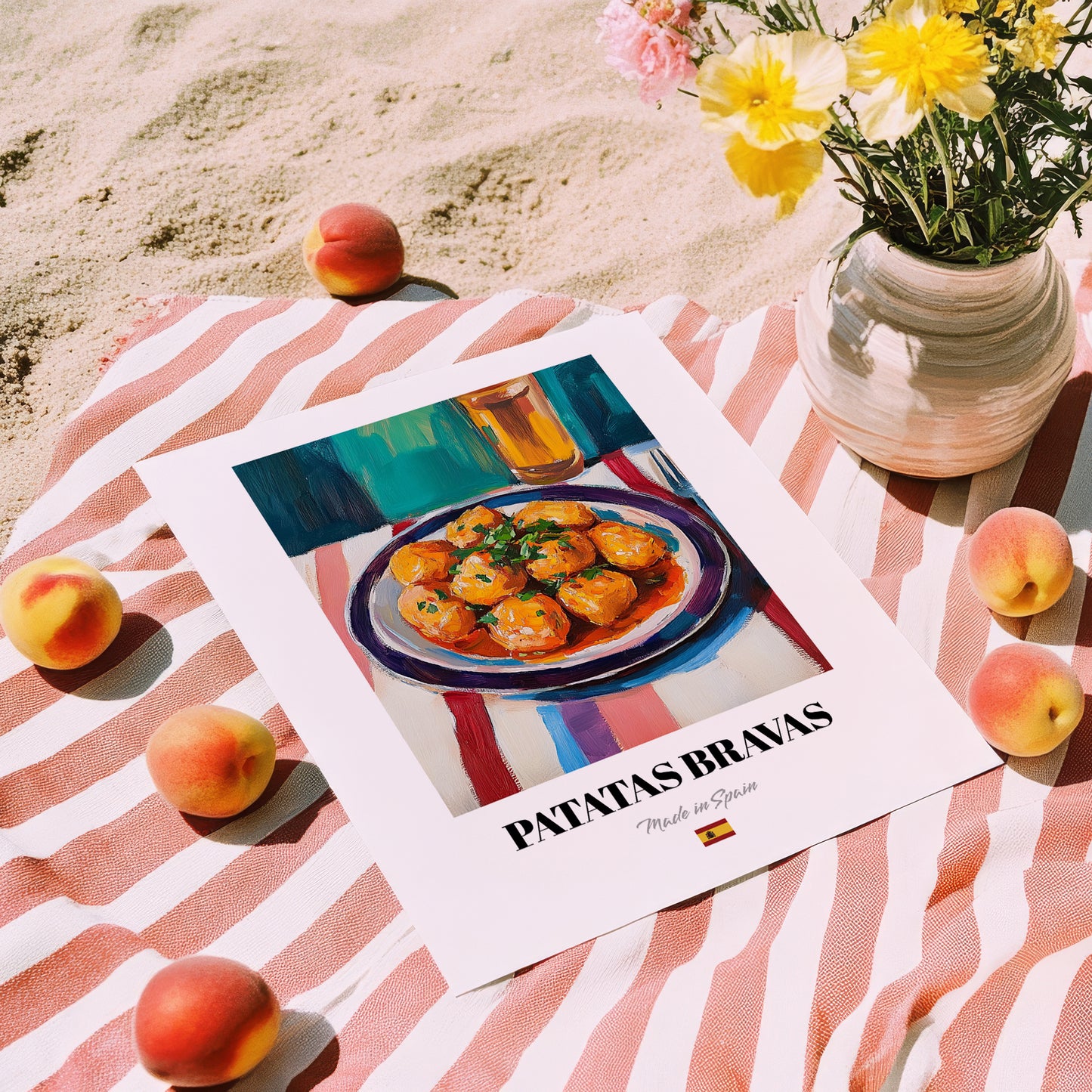 Patatas Bravas – Colorful Oil Painting, Spanish Food Print, unframed on coastal sand