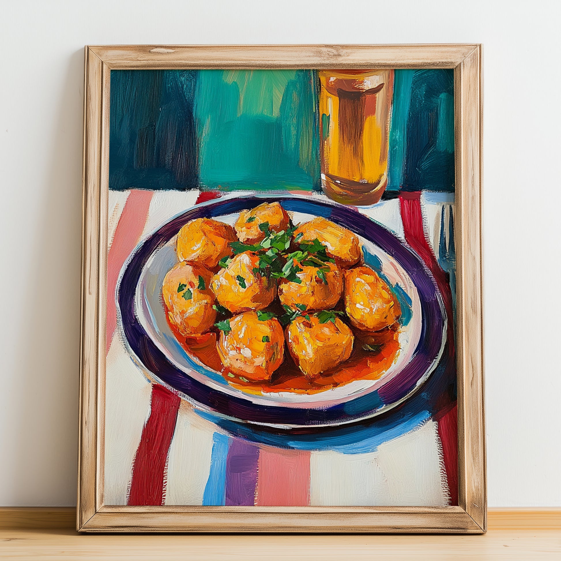 Patatas Bravas – Colorful Oil Painting, Spanish Food Print, no-text version framed in wood