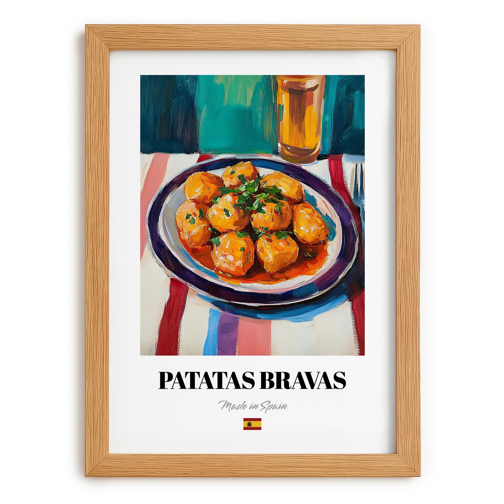 Patatas Bravas – Colorful Oil Painting, Spanish Food Print, set in oak frame