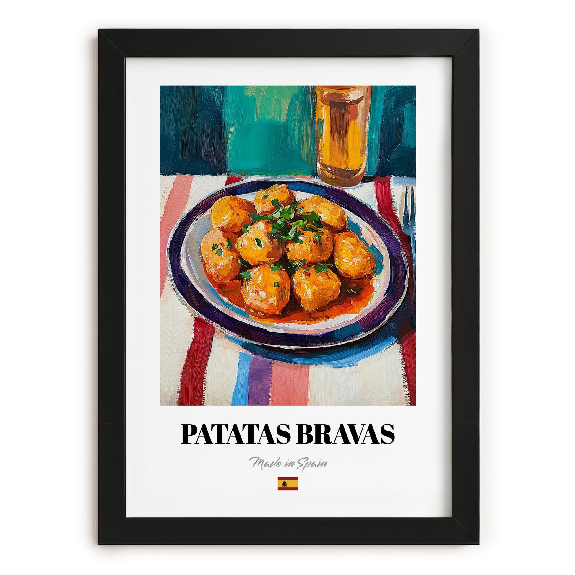 Patatas Bravas – Colorful Oil Painting, Spanish Food Print, in sleek black frame