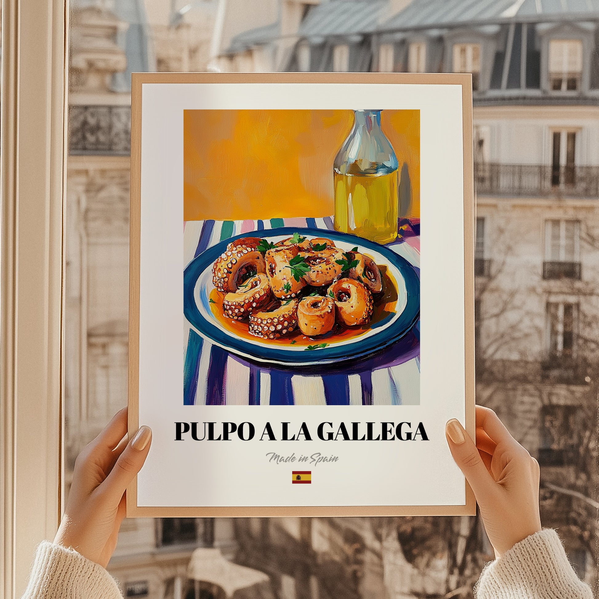 Pulpo a la Gallega – Art, Spanish Food Painting, styled in a charming Paris street view