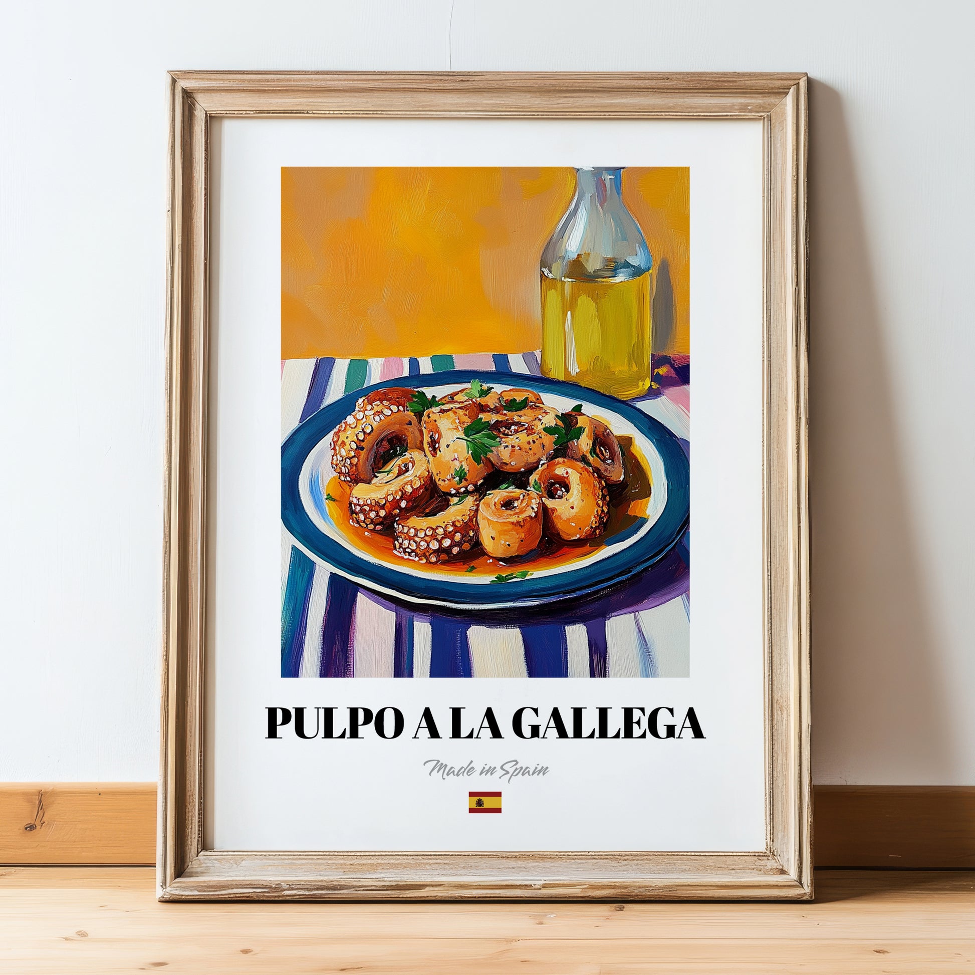 Pulpo a la Gallega – Art, Spanish Food Painting, in wooden frame leaning on the floor