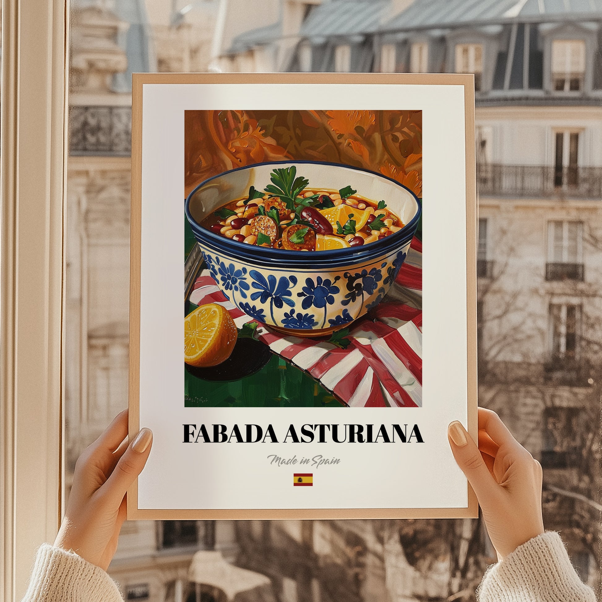 Fabada Asturiana – Art, Spanish Food Wall Art, styled in a charming Paris street view