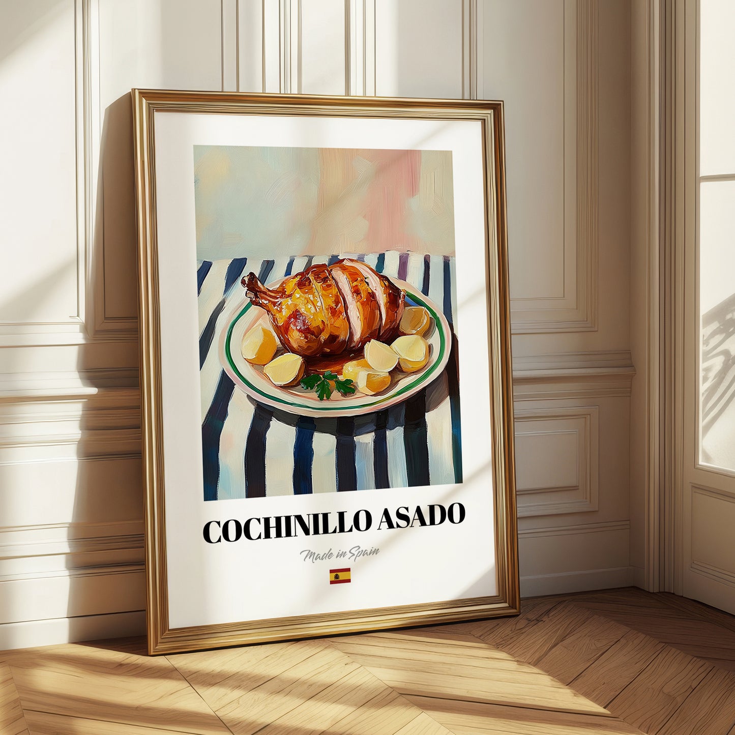 Cochinillo Asado – on Striped Tablecloth, Spanish Food Wall Decor