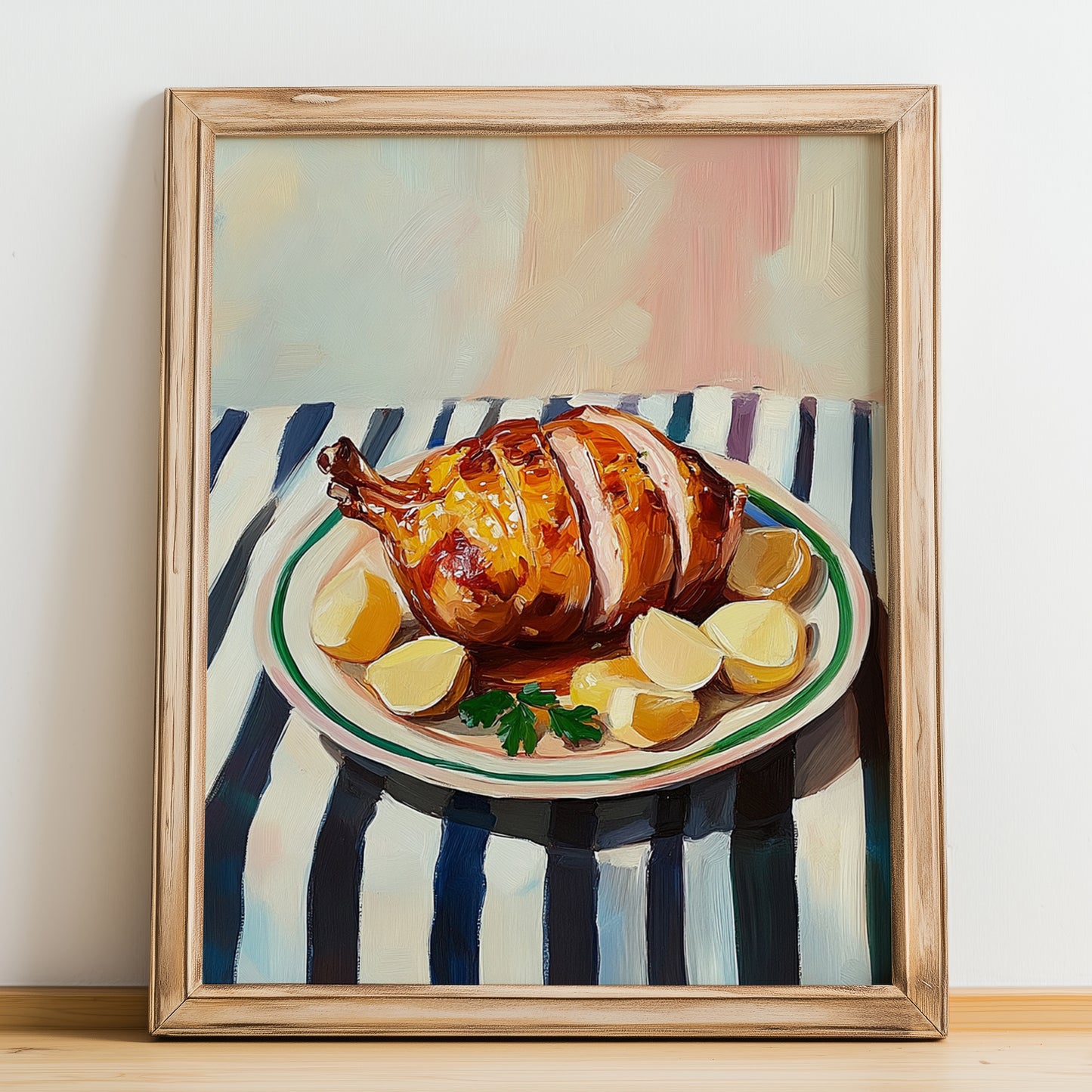 Cochinillo Asado – on Striped Tablecloth, Spanish Food Wall Decor, no-text version framed in wood