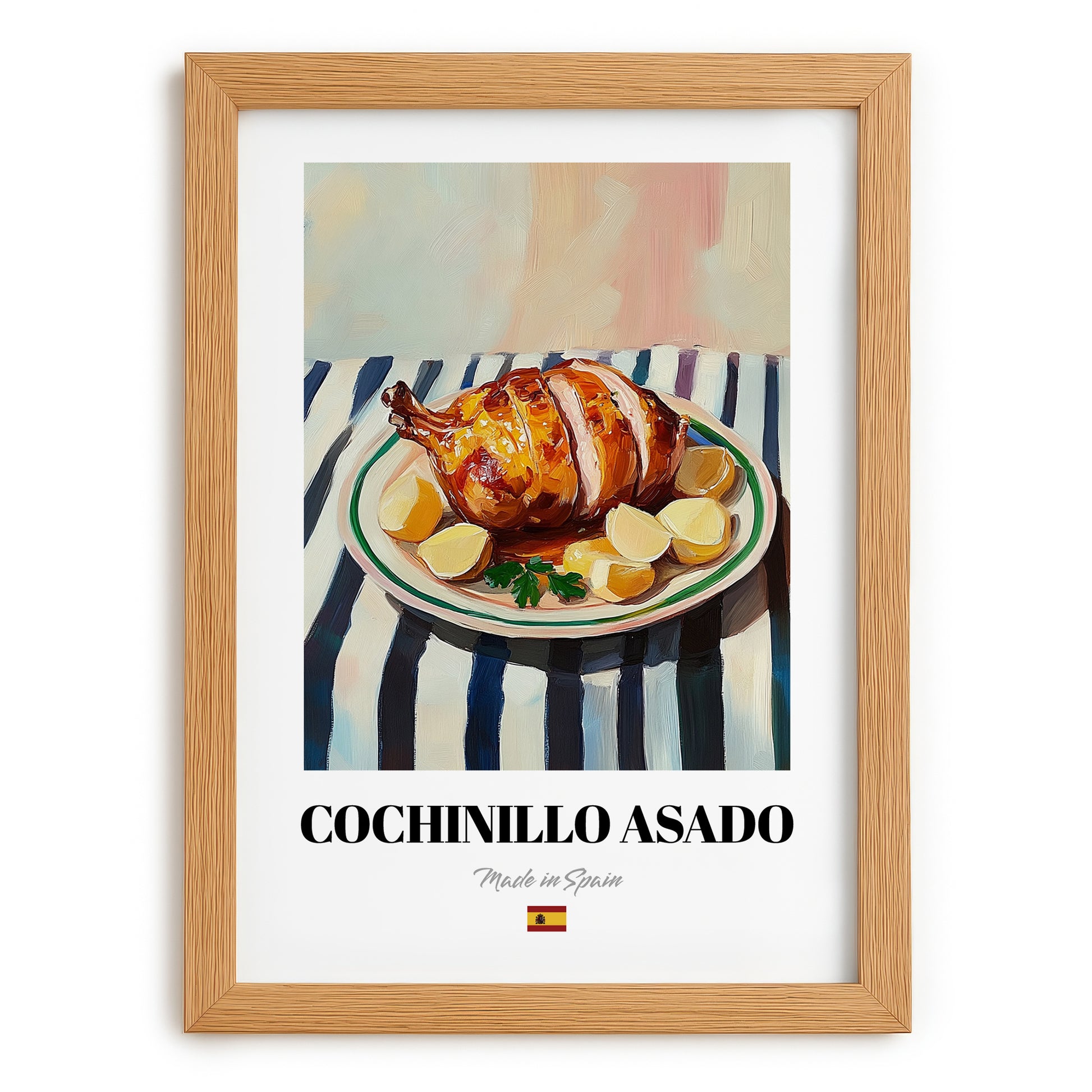 Cochinillo Asado – on Striped Tablecloth, Spanish Food Wall Decor, set in oak frame