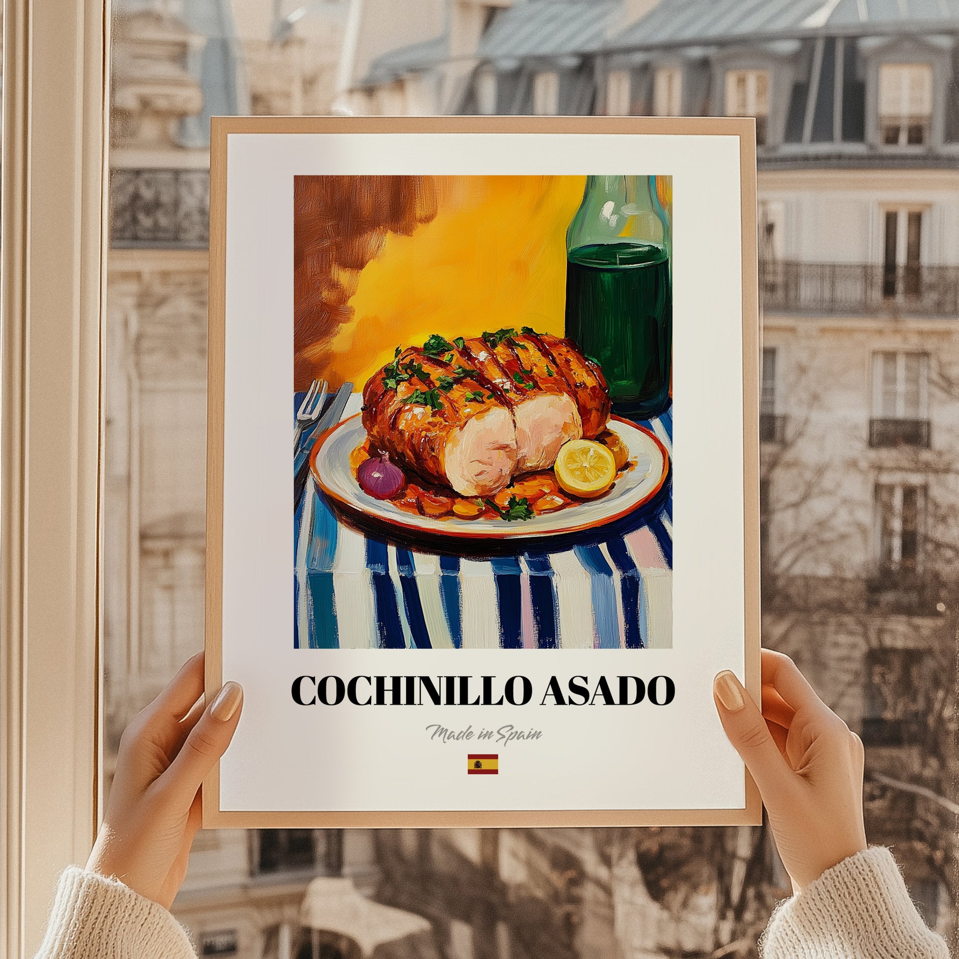 Cochinillo Asado – Colorful Oil Painting, Spanish Food Wall Art, styled in a charming Paris street view