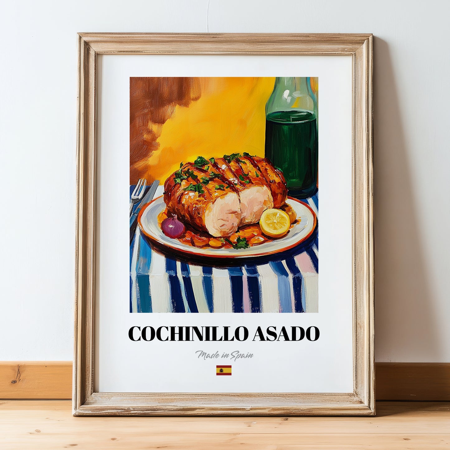 Cochinillo Asado – Colorful Oil Painting, Spanish Food Wall Art, in wooden frame leaning on the floor