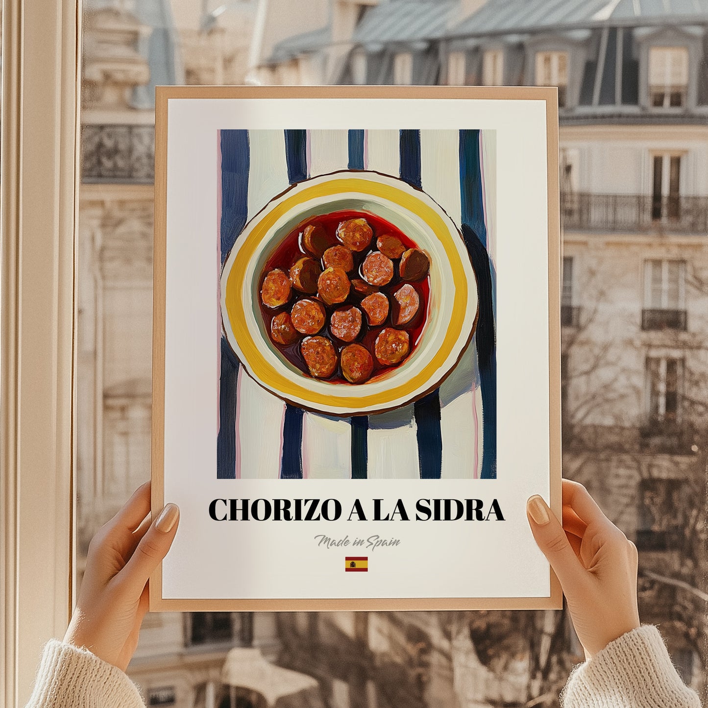 Chorizo a la Sidra – on Striped Tablecloth, Spanish Food Illustration, styled in a charming Paris street view