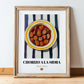 Chorizo a la Sidra – on Striped Tablecloth, Spanish Food Illustration, in wooden frame leaning on the floor