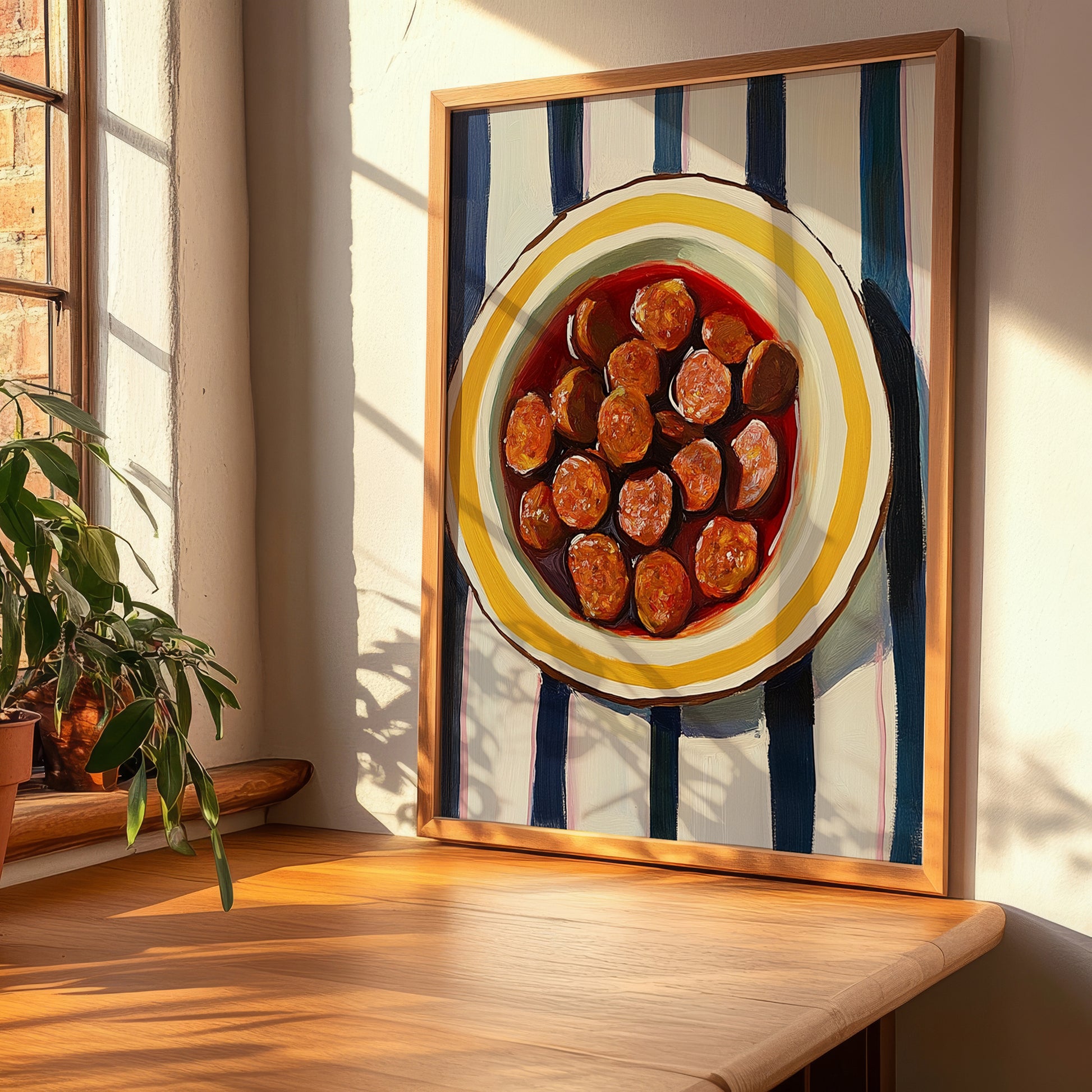 Chorizo a la Sidra – on Striped Tablecloth, Spanish Food Illustration, clean layout with no caption
