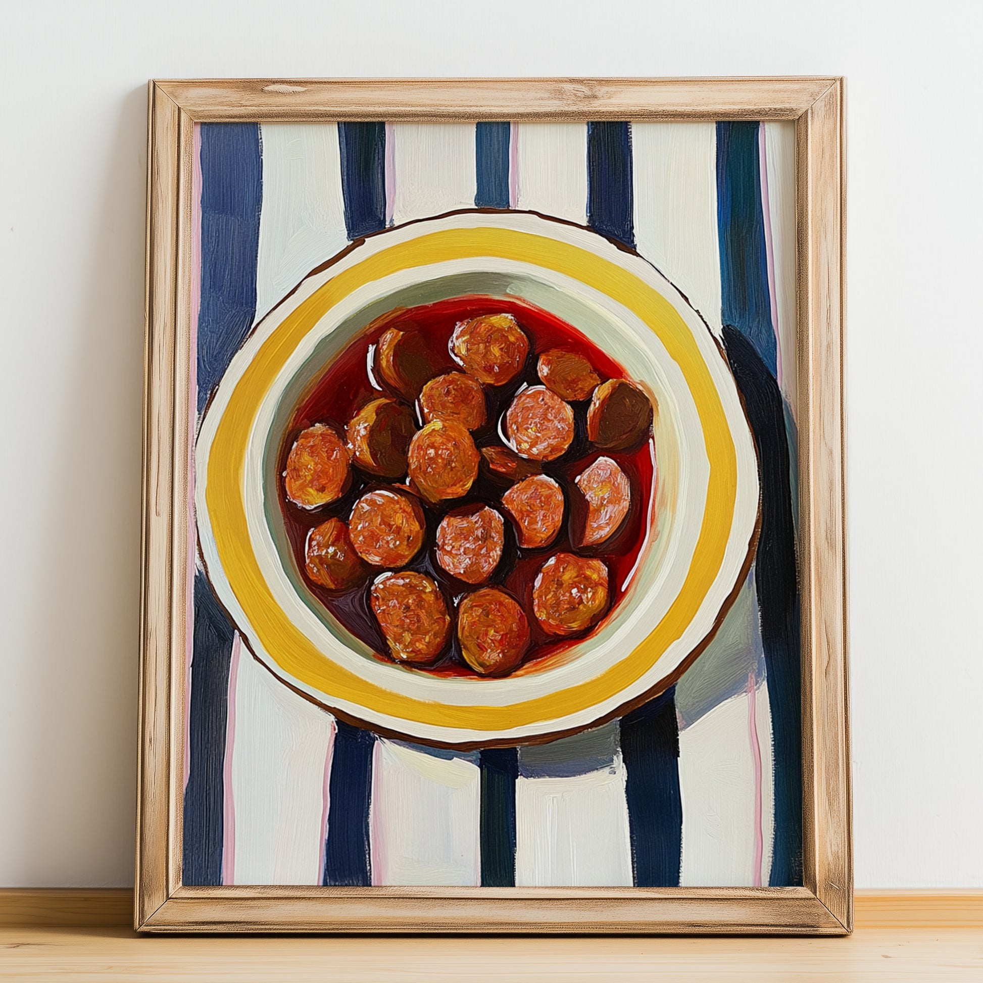 Chorizo a la Sidra – on Striped Tablecloth, Spanish Food Illustration, no-text version framed in wood