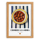 Chorizo a la Sidra – on Striped Tablecloth, Spanish Food Illustration, set in oak frame