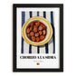 Chorizo a la Sidra – on Striped Tablecloth, Spanish Food Illustration, in sleek black frame