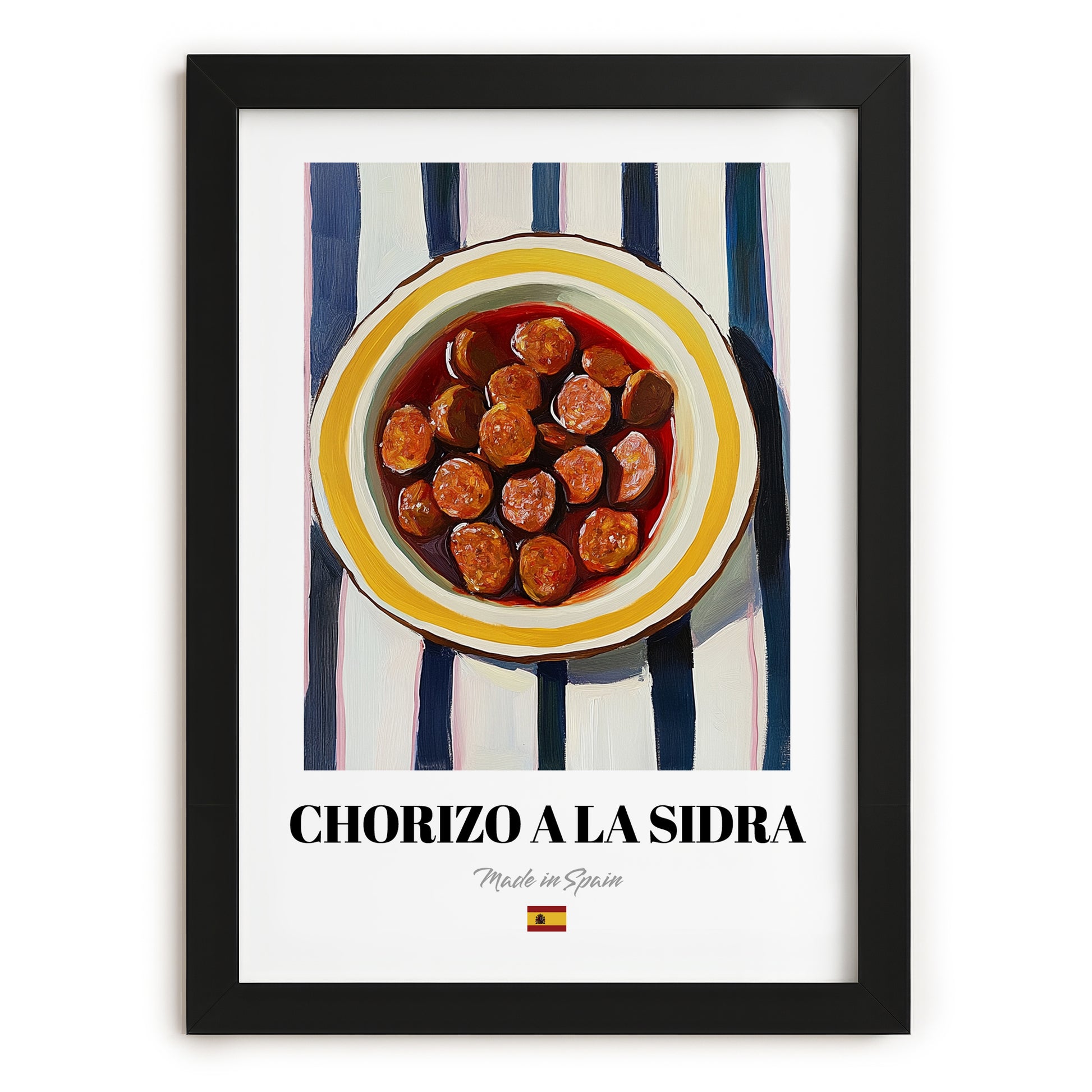 Chorizo a la Sidra – on Striped Tablecloth, Spanish Food Illustration, in sleek black frame