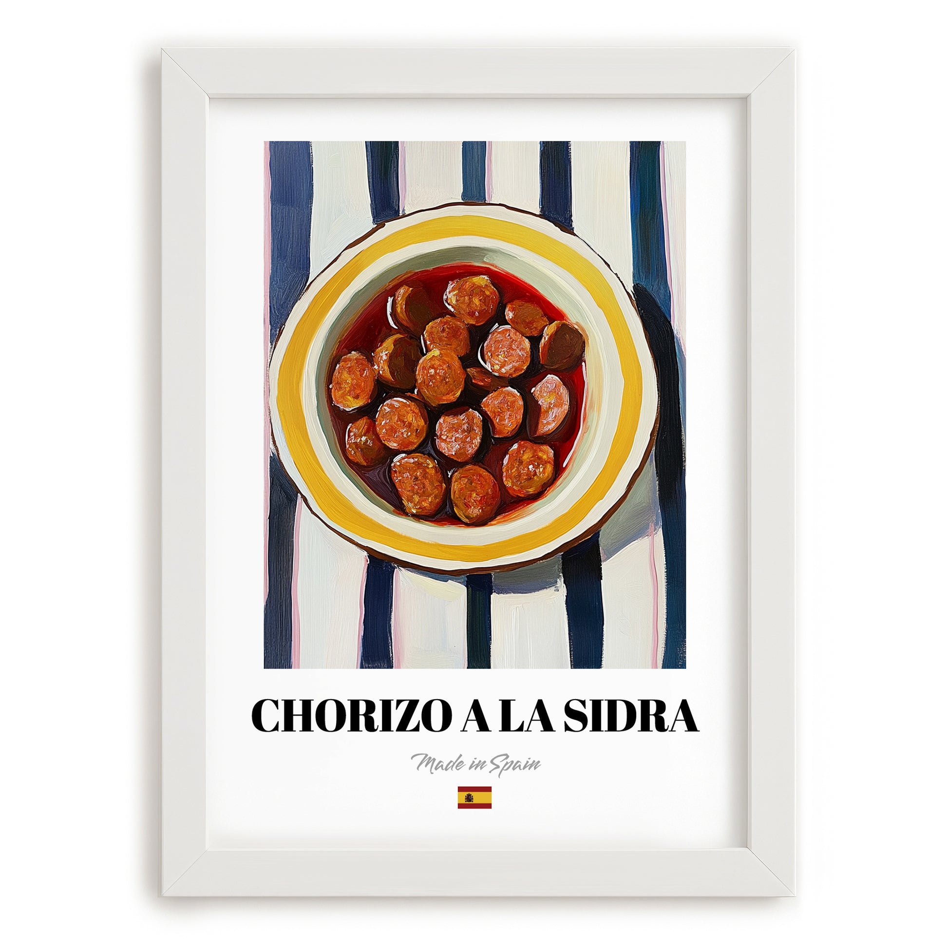 Chorizo a la Sidra – on Striped Tablecloth, Spanish Food Illustration, placed in minimal white frame