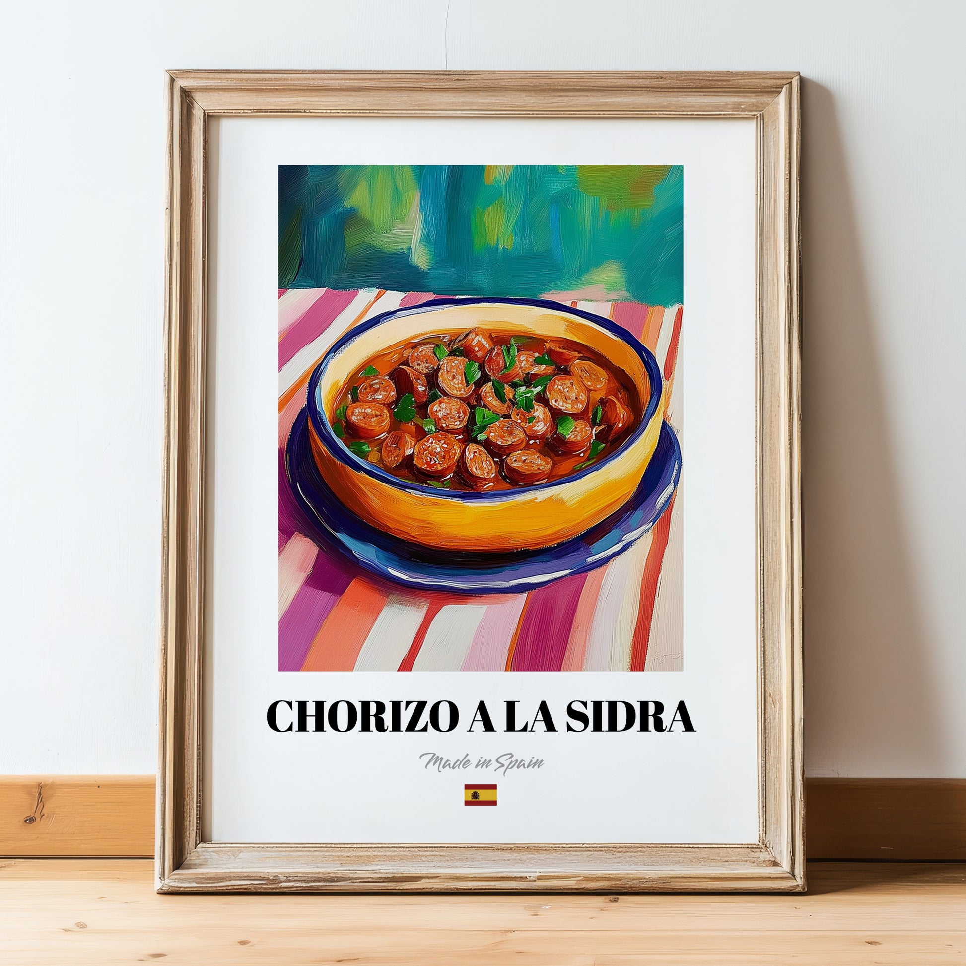 Chorizo a la Sidra – Art, Spanish Food Painting, in wooden frame leaning on the floor