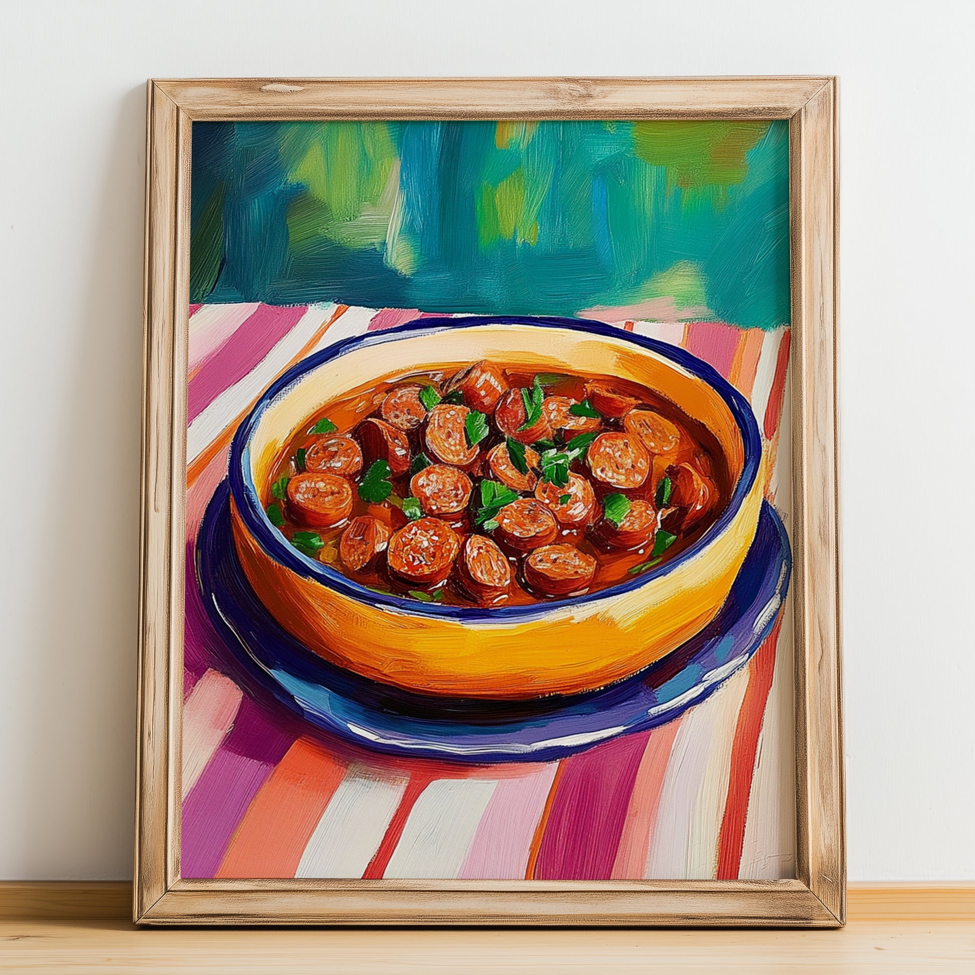 Chorizo a la Sidra – Art, Spanish Food Painting, no-text version framed in wood