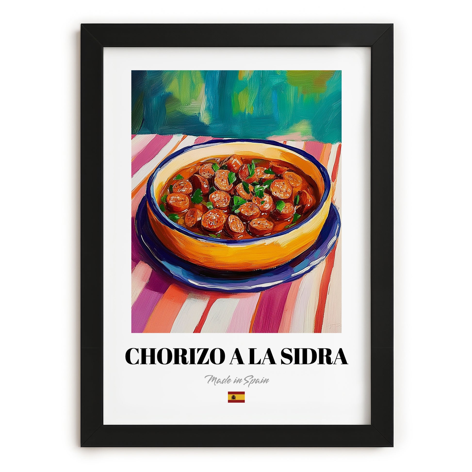 Chorizo a la Sidra – Art, Spanish Food Painting, in sleek black frame