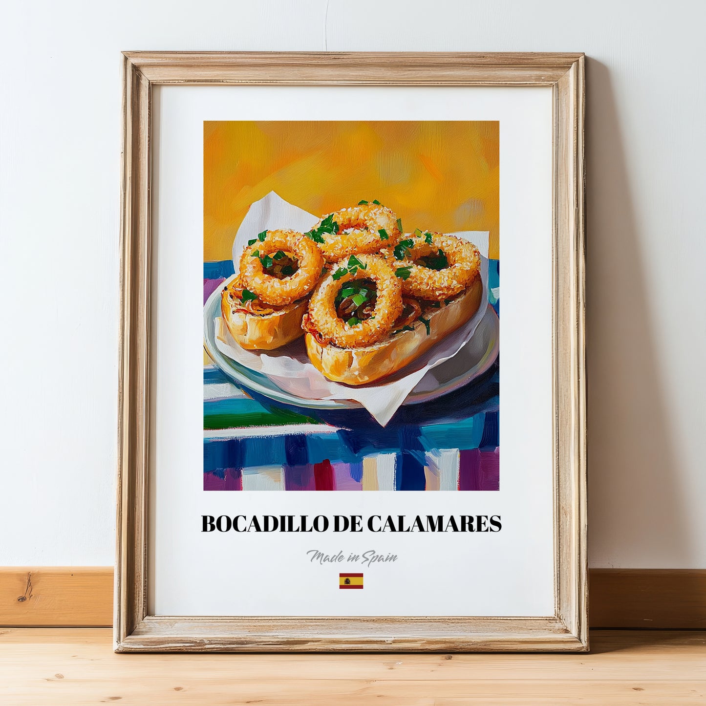 Bocadillo de Calamares – Oil Painting, Spanish Food Poster, in wooden frame leaning on the floor