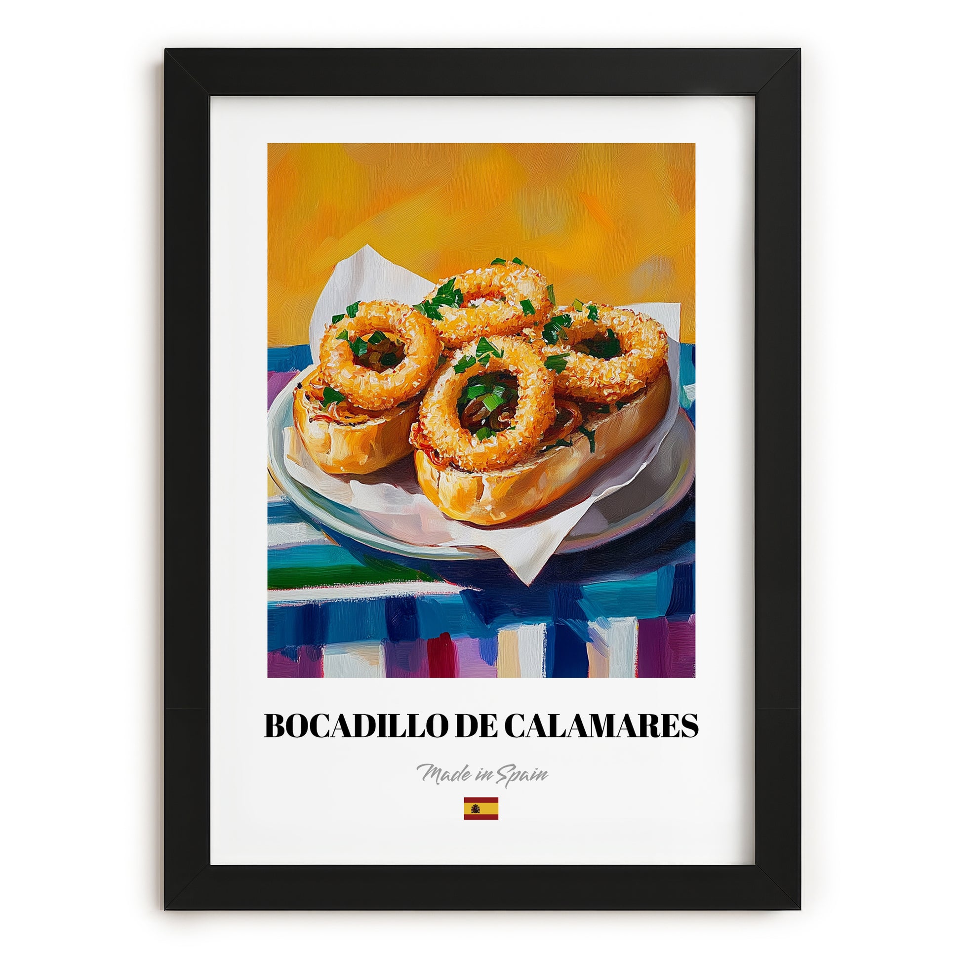 Bocadillo de Calamares – Oil Painting, Spanish Food Poster, in sleek black frame