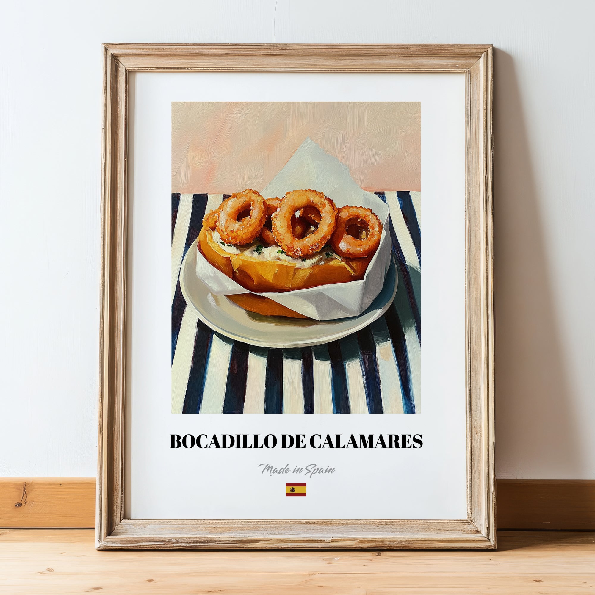Bocadillo de Calamares – on Striped Tablecloth, Spanish Food Art, in wooden frame leaning on the floor