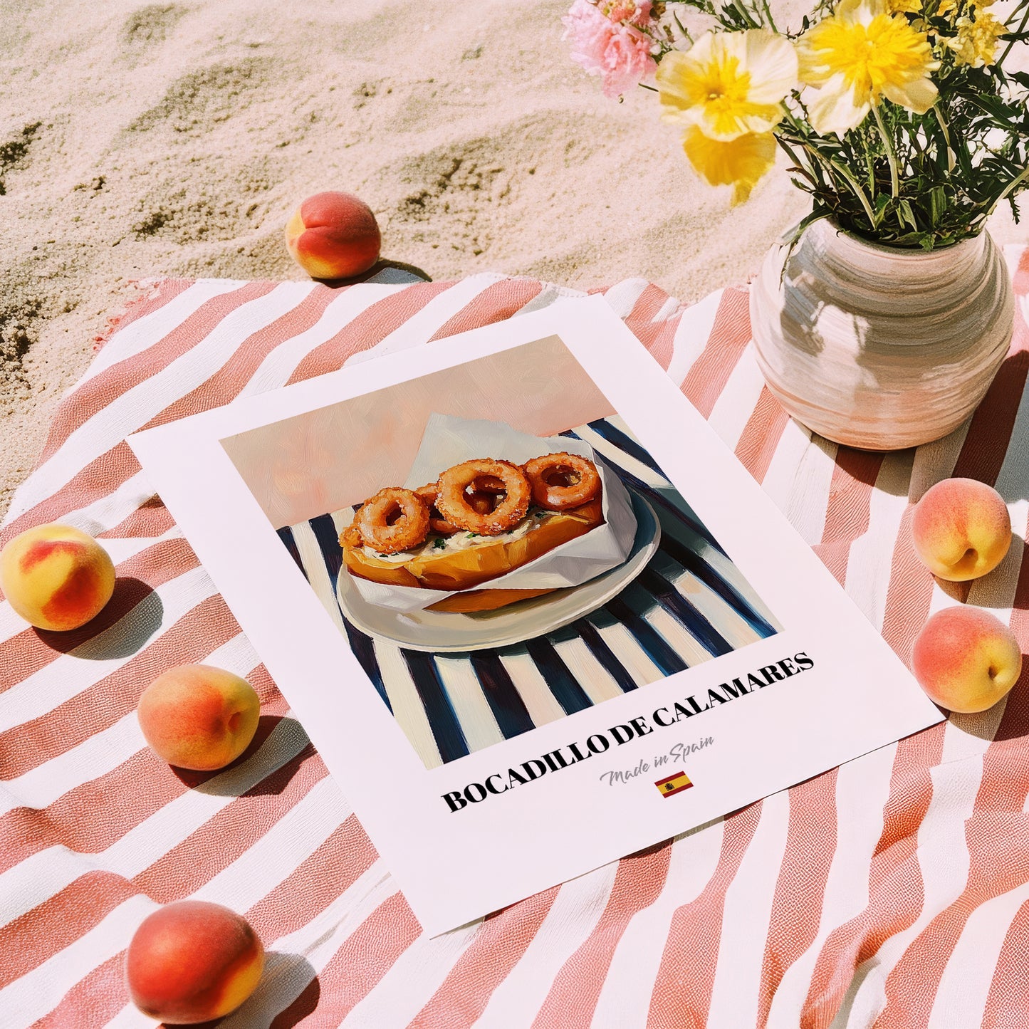 Bocadillo de Calamares – on Striped Tablecloth, Spanish Food Art, unframed on coastal sand