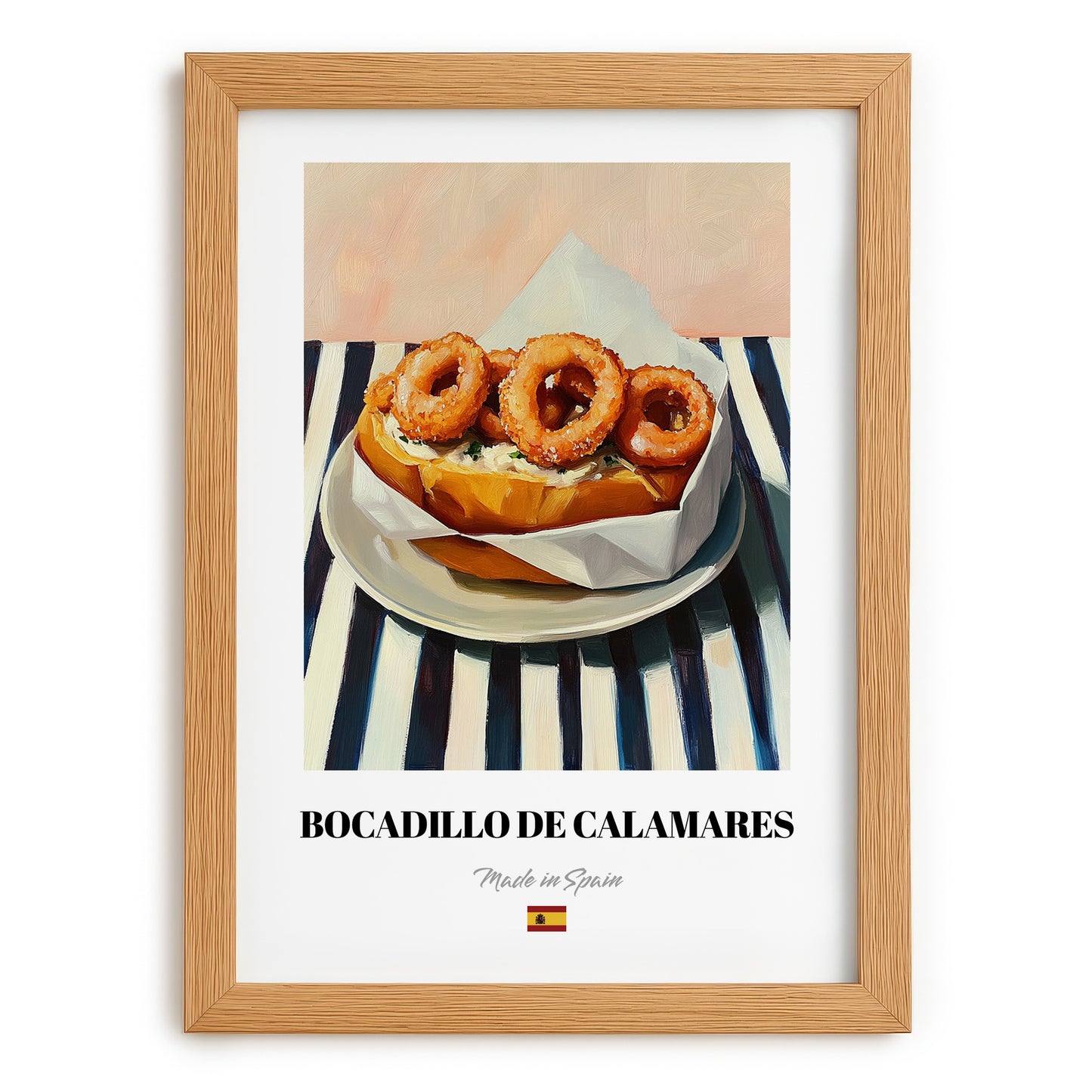 Bocadillo de Calamares – on Striped Tablecloth, Spanish Food Art, set in oak frame