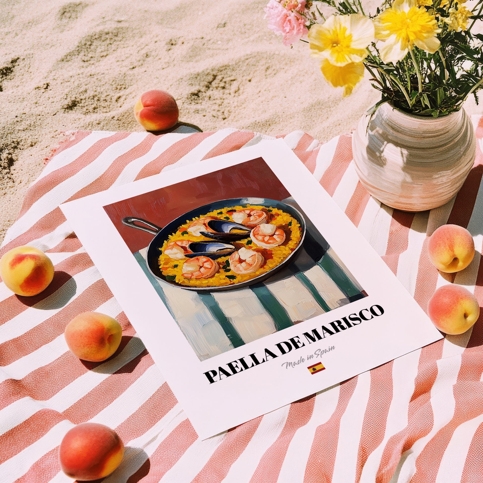 Paella de Marisco – on Striped Tablecloth, Spanish Food Painting, unframed on coastal sand