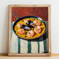Paella de Marisco – on Striped Tablecloth, Spanish Food Painting, no-text version framed in wood
