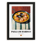 Paella de Marisco – on Striped Tablecloth, Spanish Food Painting, in sleek black frame