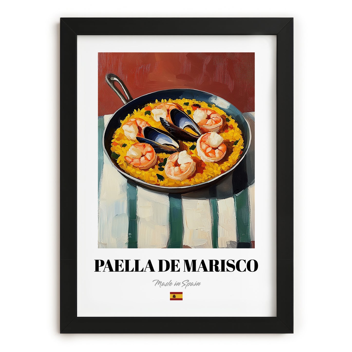 Paella de Marisco – on Striped Tablecloth, Spanish Food Painting, in sleek black frame