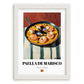 Paella de Marisco – on Striped Tablecloth, Spanish Food Painting, placed in minimal white frame