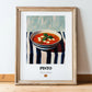 Pisto – on Striped Tablecloth, Spanish Food Painting, in wooden frame leaning on the floor