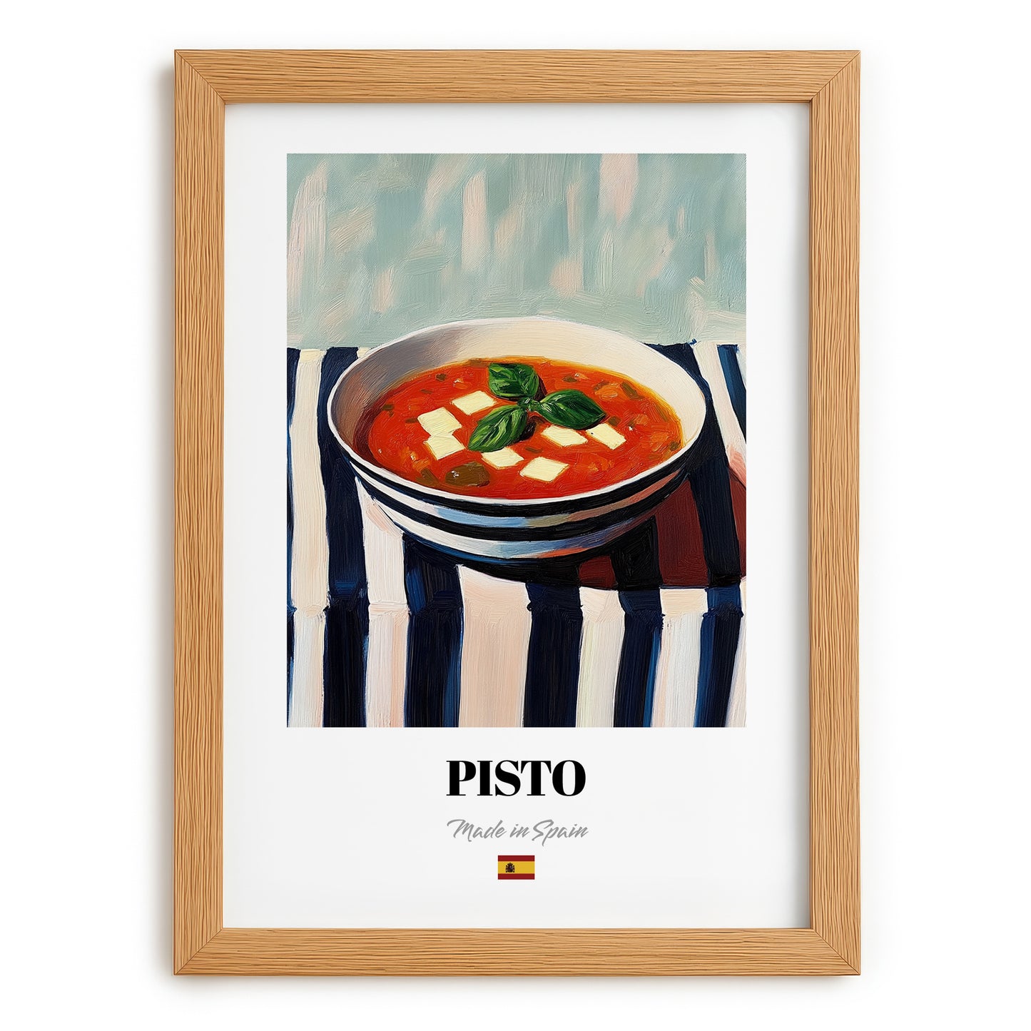 Pisto – on Striped Tablecloth, Spanish Food Painting, set in oak frame