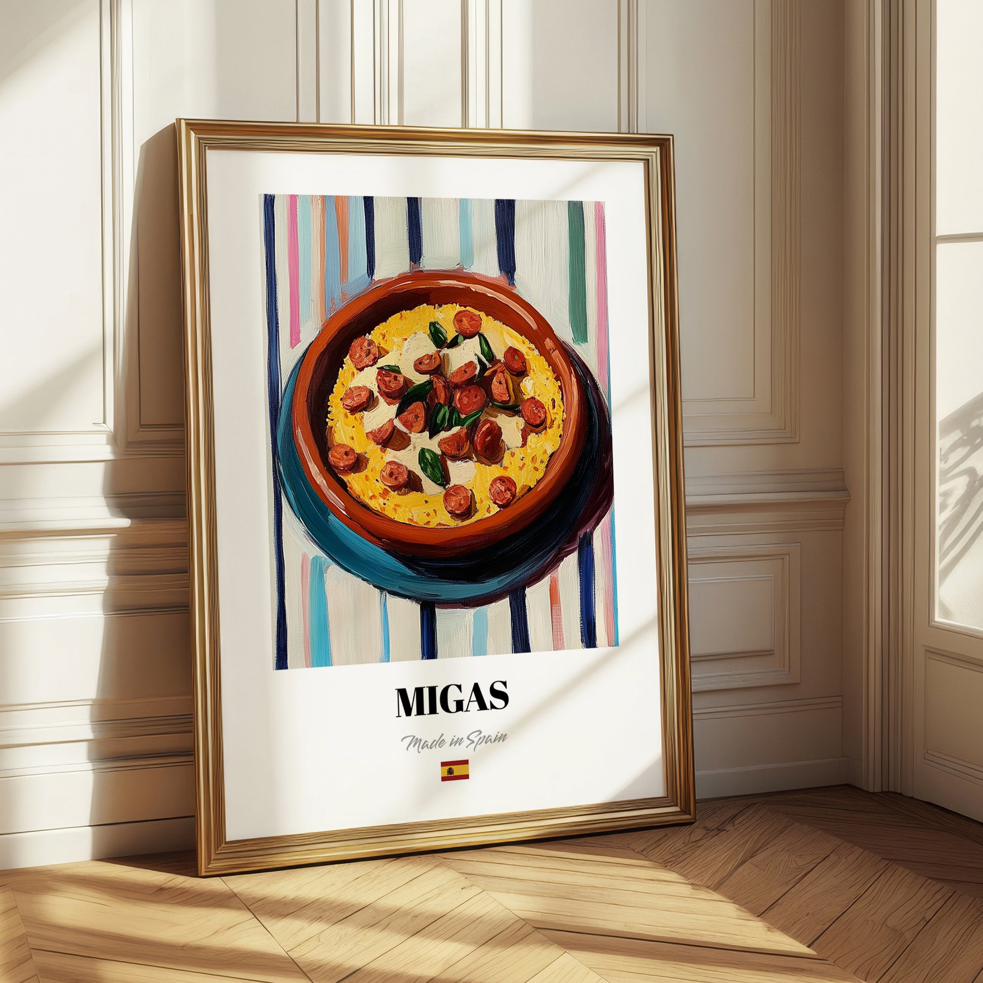 Migas – on Striped Tablecloth, Spanish Food Painting