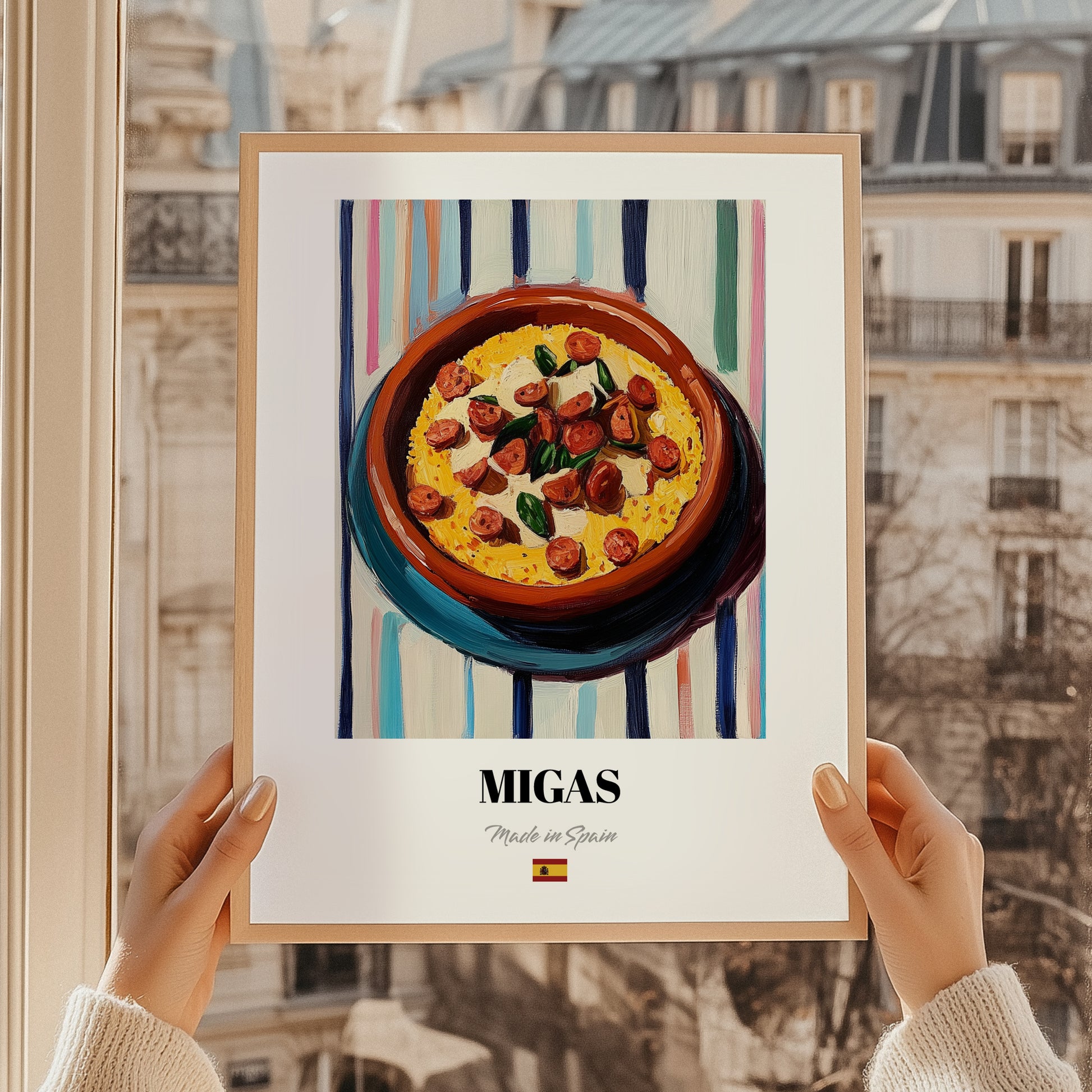 Migas – on Striped Tablecloth, Spanish Food Painting, styled in a charming Paris street view
