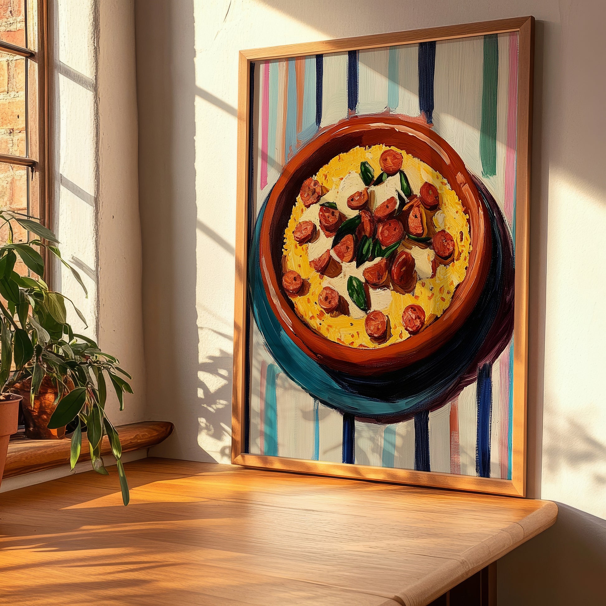 Migas – on Striped Tablecloth, Spanish Food Painting, clean layout with no caption