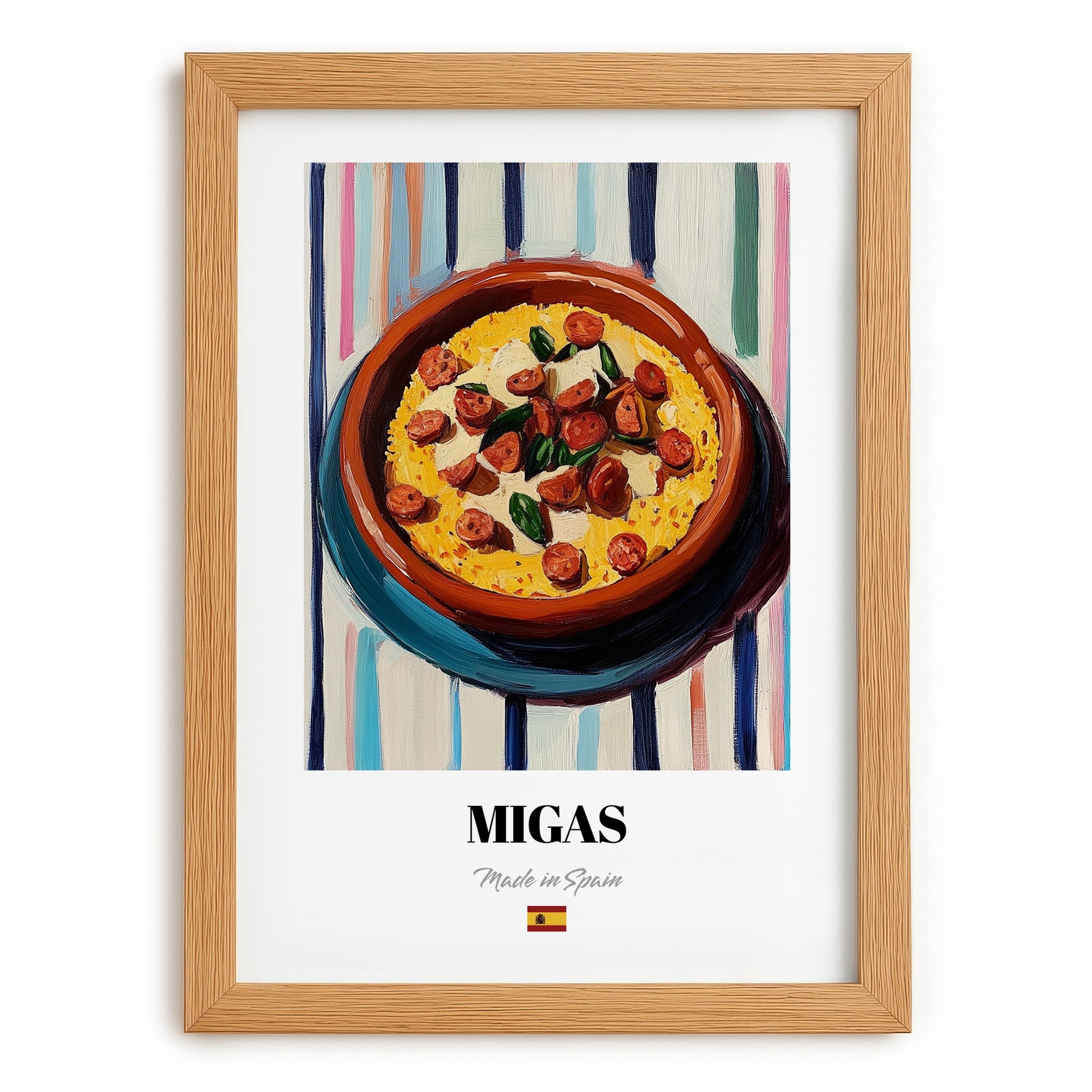 Migas – on Striped Tablecloth, Spanish Food Painting, set in oak frame