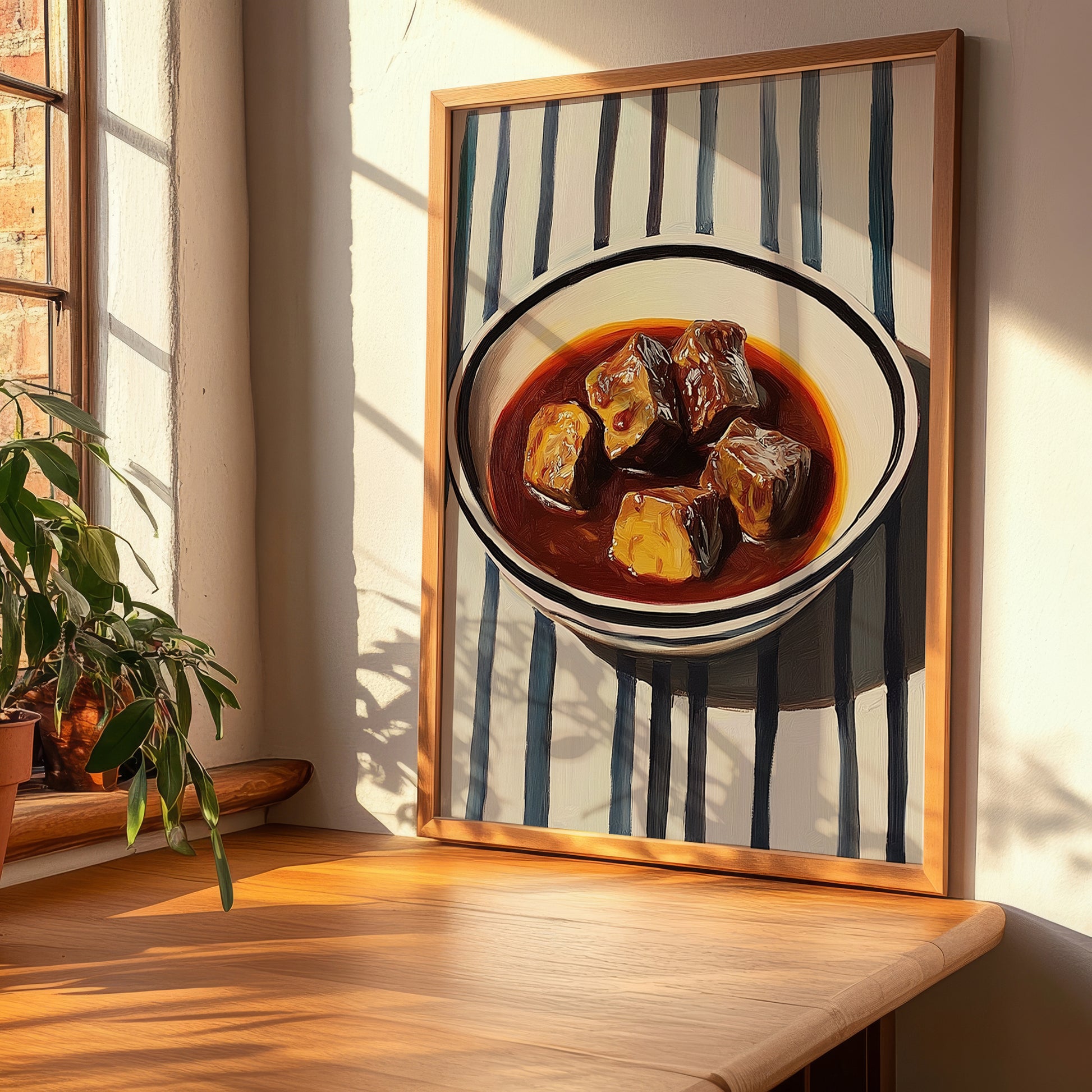 Rabo de Toro – on Striped Tablecloth, Spanish Food Painting, clean layout with no caption