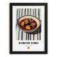 Rabo de Toro – on Striped Tablecloth, Spanish Food Painting, in sleek black frame