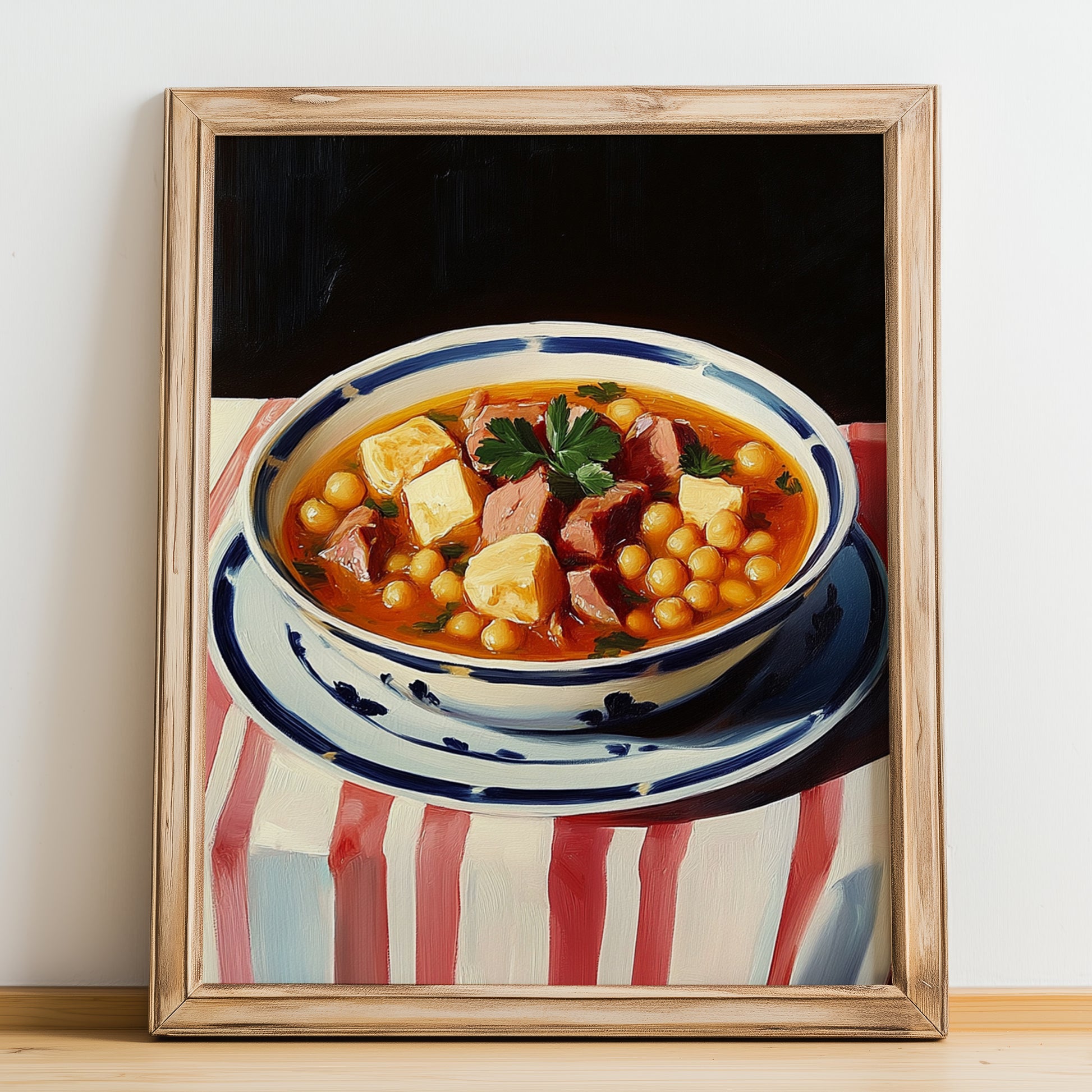 Cocido Madrileño – on Striped Tablecloth, Spanish Food Still Life, no-text version framed in wood